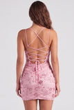 Robe courte courte de rentrée à fûts bodycon en dentelle en lacets dans le dos avec des paillettes