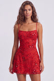 Ligne A-ligne paillettes rouges Lacets dans le dos, bretelles fines Short des années 80 Robe de retour à la maison