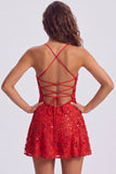 Ligne A-ligne paillettes rouges Lacets dans le dos, bretelles fines Short des années 80 Robe de retour à la maison