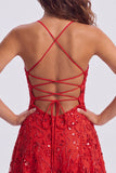 Ligne A-ligne paillettes rouges Lacets dans le dos, bretelles fines Short des années 80 Robe de retour à la maison