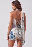 Robe courte de rentrée à la maison en ivoire en harmonie florale courte avec dentelle dans le dos