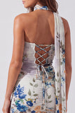 Robe courte de rentrée à la maison en ivoire en harmonie florale courte avec dentelle dans le dos