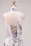 Robe courte de rentrée à la maison en ivoire en harmonie florale courte avec dentelle dans le dos