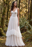 Robe longue de mariée ivoire à bretelles fines à volants