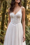 Robe longue de mariée ivoire à bretelles fines à volants