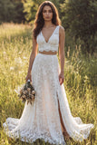 Longue robe de mariée ivoire ligne A en 2 pièces à col en V avec fente
