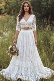 Robe de mariée ivoire ligne A à deux pièces à col en V et longue dentelle avec manches courtes