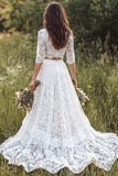 Robe de mariée ivoire ligne A à deux pièces à col en V et longue dentelle avec manches courtes