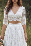 Robe de mariée ivoire ligne A à deux pièces à col en V et longue dentelle avec manches courtes