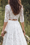 Robe de mariée ivoire ligne A à deux pièces à col en V et longue dentelle avec manches courtes