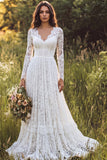 Robe de mariée longue en dentelle ivoire à col en V avec manches longues