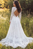 Robe de mariée longue en dentelle ivoire à col en V avec manches longues