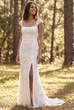 Robe de mariée longue à col carré en ivoire de sirène avec fente