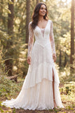 Robe de mariée longue ivoire à manches longues à volants A-line avec fente