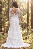 Robe de mariée longue ivoire à manches longues à volants A-line avec fente