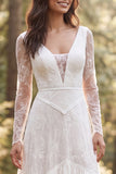 Robe de mariée longue ivoire à manches longues à volants A-line avec fente