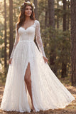 Robe de mariée en dentelle à manches longues en ivoire avec fente