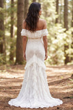 Robe de mariée longue en dentelle ivoire à épaules dénudées, avec fente à volants