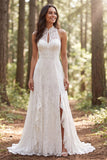 Robe de mariée longue ligne A en dentelle ivoire en dentelle à dos nus avec fente