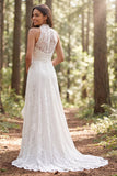 Robe de mariée longue ligne A en dentelle ivoire en dentelle à dos nus avec fente