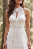 Robe de mariée longue ligne A en dentelle ivoire en dentelle à dos nus avec fente