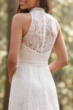 Robe de mariée longue ligne A en dentelle ivoire en dentelle à dos nus avec fente