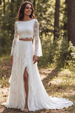 Robe de mariée ivoire à 2 pièces à manches longues à manches longues à col bateau, avec fente