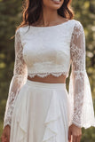 Robe de mariée ivoire à 2 pièces à manches longues à manches longues à col bateau, avec fente