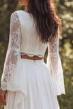 Robe de mariée ivoire à 2 pièces à manches longues à manches longues à col bateau, avec fente