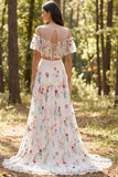 Ivoire robe de mariée longue à encolure florale en ligne A avec une longue fente
