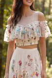 Ivoire robe de mariée longue à encolure florale en ligne A avec une longue fente