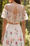 Ivoire robe de mariée longue à encolure florale en ligne A avec une longue fente