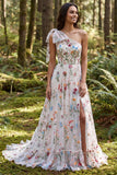 Robe de mariée longue en ivoire fleurie en A avec une épaule et fente