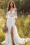 Robe de mariée ivoire à bretelles fines en dentelle longue avec fente