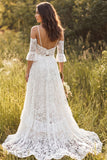 Robe de mariée ivoire à bretelles fines en dentelle longue avec fente