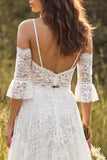 Robe de mariée ivoire à bretelles fines en dentelle longue avec fente