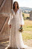 Robe de mariée longue à manche longues en ivoire à fleurs en V