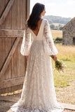 Robe de mariée longue à manche longues en ivoire à fleurs en V