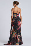 Robe formelle longue longue à fleurs franchées en sirène noire sans bustiers avec une écharpe