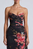 Robe formelle longue longue à fleurs franchées en sirène noire sans bustiers avec une écharpe