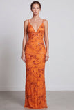 Sirène orange, paillettes florales, bretelles fines robe longue de cérémonie