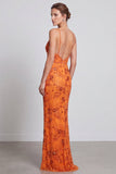Sirène orange, paillettes florales, bretelles fines robe longue de cérémonie