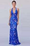 Robe longue formelle à col nu bleu bleu royal sirène à sequins
