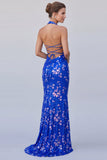 Robe longue formelle à col nu bleu bleu royal sirène à sequins