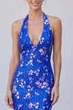 Robe longue formelle à col nu bleu bleu royal sirène à sequins