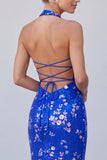 Robe longue formelle à col nu bleu bleu royal sirène à sequins