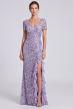 Sirène lilas à col en V Sequins Longue robe de mère de la mariée avec fente à volants