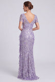 Sirène lilas à col en V Sequins Longue robe de mère de la mariée avec fente à volants