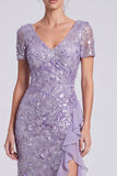 Sirène lilas à col en V Sequins Longue robe de mère de la mariée avec fente à volants