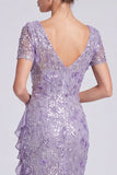 Sirène lilas à col en V Sequins Longue robe de mère de la mariée avec fente à volants